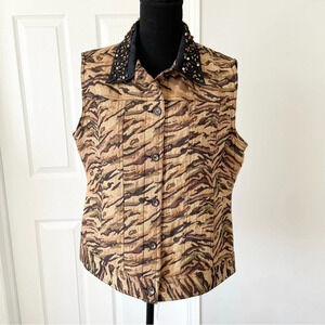 TanJay Tiger Print Woven  Tapestry Beaded Vest